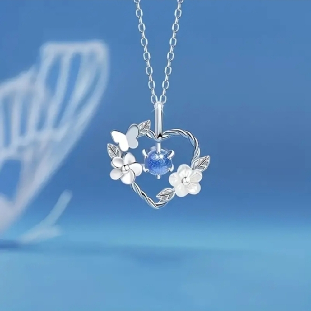 14K‎ White Gold Plated Heart Butterfly Flower Necklace with Aquamarine Diamond